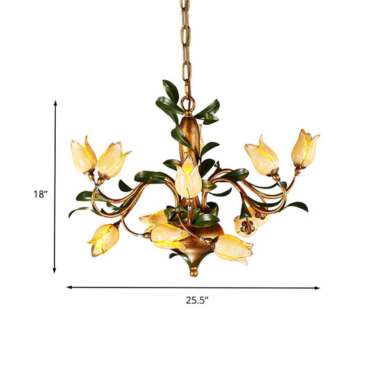 Blossom Chandelier Ceiling Light: Traditional Sandblasted Glass Pendant Fixture (12 Heads) In Brass