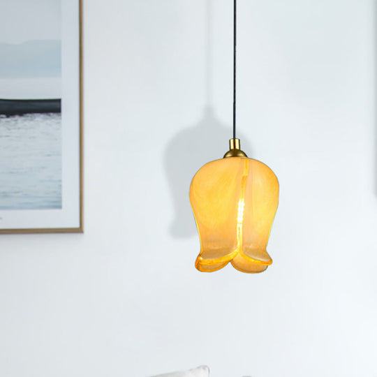 Rustic White/Yellow Glass Blossom Drop Pendant - Bedroom Ceiling Suspension Lamp