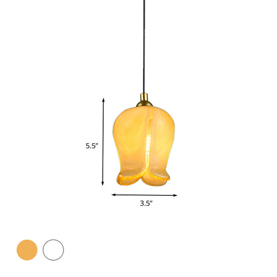 Rustic White/Yellow Glass Blossom Drop Pendant - Bedroom Ceiling Suspension Lamp