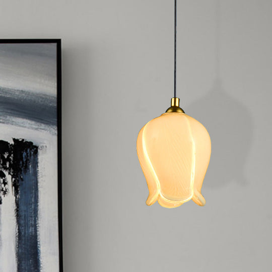 Rustic White/Yellow Glass Blossom Drop Pendant - Bedroom Ceiling Suspension Lamp White