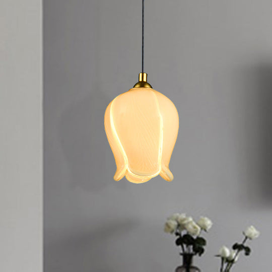 Rustic White/Yellow Glass Blossom Drop Pendant - Bedroom Ceiling Suspension Lamp