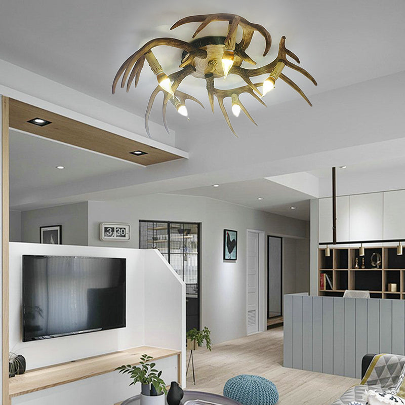 Plafonnier encastré en résine à 5 ampoules en forme de bois de cerf - Éclairage traditionnel semi-encastré marron