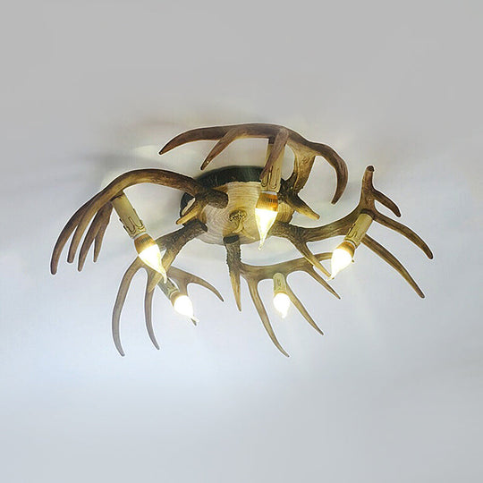 Plafonnier encastré en résine à 5 ampoules en forme de bois de cerf - Éclairage traditionnel semi-encastré marron