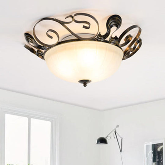 Black 3-Light Classic Ceiling Fixture with White Glass Bowl - Ideal for Living Room Flush Lighting