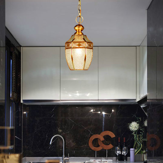 Traditional Frosted Glass Hanging Lamp Kit For Hallway - 1 Bulb Lantern Ceiling In Brass