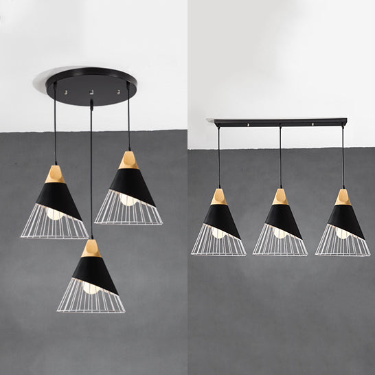 Black Tapered Cage Pendant Light Fixture - Modern Metal Design, 3 Lights, Indoor Hanging - Linear/Round Canopy