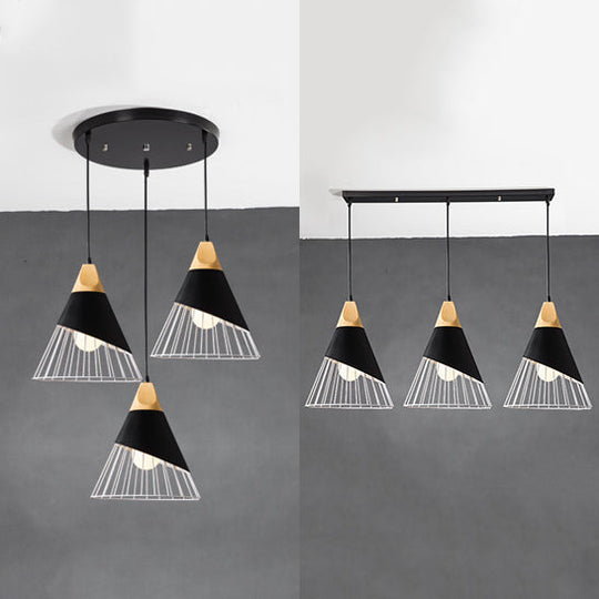 Black Tapered Cage Pendant Light Fixture - Modern Metal Design, 3 Lights, Indoor Hanging - Linear/Round Canopy
