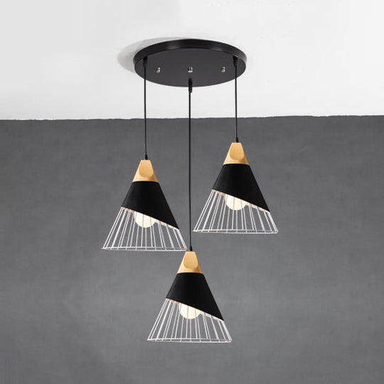 Black Tapered Cage Pendant Light Fixture - Modern Metal Design, 3 Lights, Indoor Hanging - Linear/Round Canopy