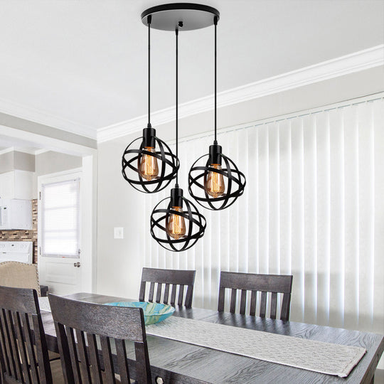 Spherical Pendant Light Fixture: Industrial Black Metal with Wire Guard - Perfect for Dining Room Lighting
