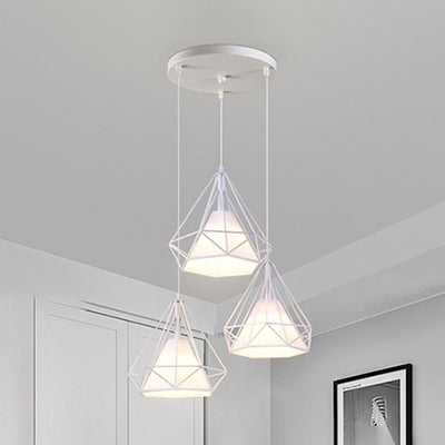 Modern Diamond Cage Pendant Light with 3 Lights - White Metal and Fabric Hanging Lamp