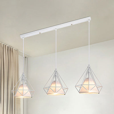 Modern Diamond Cage Pendant Light with 3 Lights - White Metal and Fabric Hanging Lamp