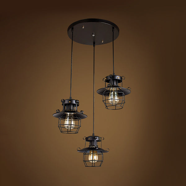 Vintage Industrial Black Metal Pendant Light with Dome Cage Shade and 3 Hanging Lights