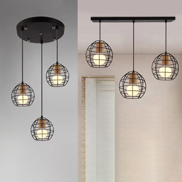 Retro Stylish 3-Light Metal Pendant Ceiling Fixture With Globe/Hexagon Cage Shade In Black