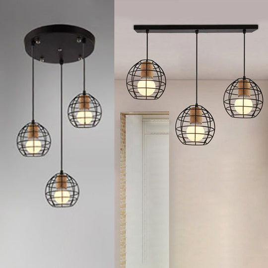 Retro Stylish 3-Light Metal Pendant Ceiling Fixture With Globe/Hexagon Cage Shade In Black
