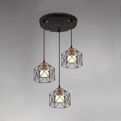 Stylish Retro Pendant Light with 3-Head Ceiling Fixture and Metal Globe/Hexagon Cage Shade in Black