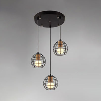 Retro Stylish 3-Light Metal Pendant Ceiling Fixture With Globe/Hexagon Cage Shade In Black / Globe