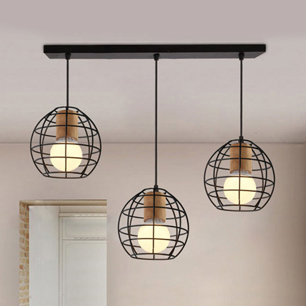 Stylish Retro Pendant Light with 3-Head Ceiling Fixture and Metal Globe/Hexagon Cage Shade in Black
