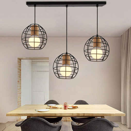 Stylish Retro Pendant Light with 3-Head Ceiling Fixture and Metal Globe/Hexagon Cage Shade in Black