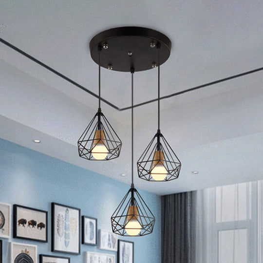 Industrial Style Black Pendant Lighting With Diamond Cage Shade - Set Of 3 Bulbs / Round