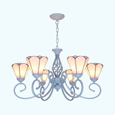 White Stained Glass Chandelier with Metal Chain and Curved Arm - 5/6 Lights