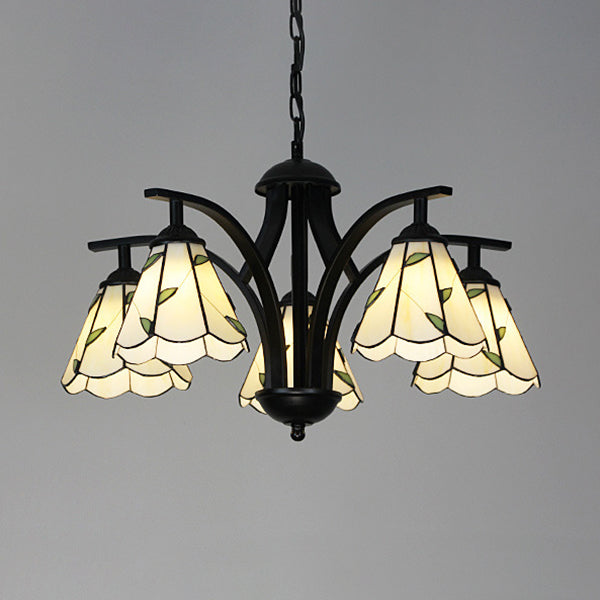 Adjustable Blue/Green Stained Glass Pendant Light: 5-Light Leaf Chandelier With 16 Metal Chain Green