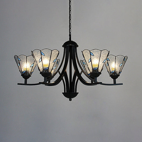 Rustic Stained Glass Chandelier with Leaf Design in Green/Blue - 6 Light Cone Hanging Fixture in Black Finish