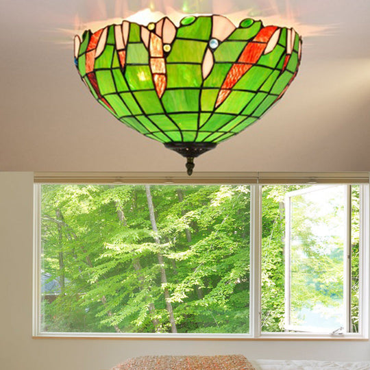 Baroque Cut Glass Domed Flush Mount Lighting Fixture with 3 Green Lights for Corridor