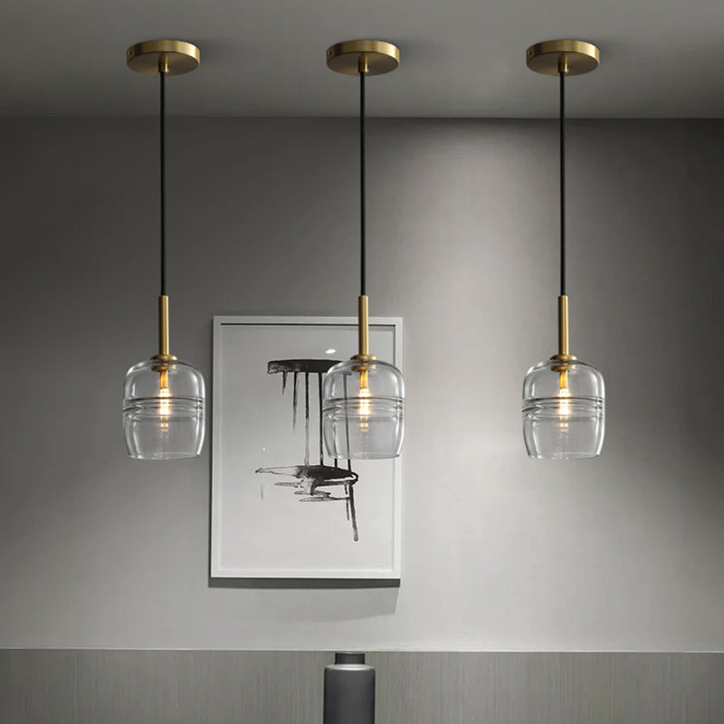 Sleek Clear Glass Jar Hanging Lamp: Minimalist 1-Bulb Brass Led Pendant Light For Dining Room
