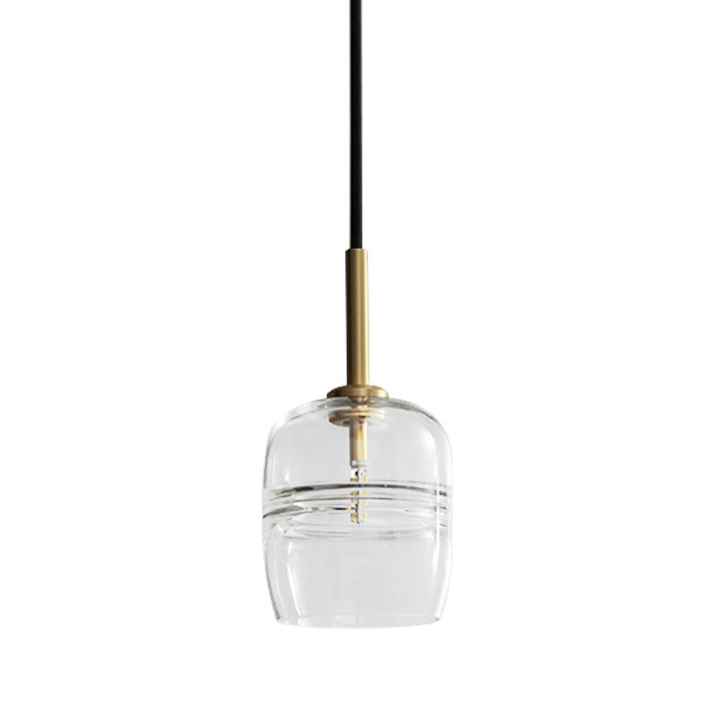 Sleek Clear Glass Jar Hanging Lamp: Minimalist 1-Bulb Brass Led Pendant Light For Dining Room