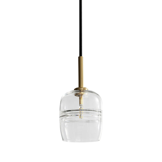 Sleek Clear Glass Jar Hanging Lamp: Minimalist 1-Bulb Brass Led Pendant Light For Dining Room