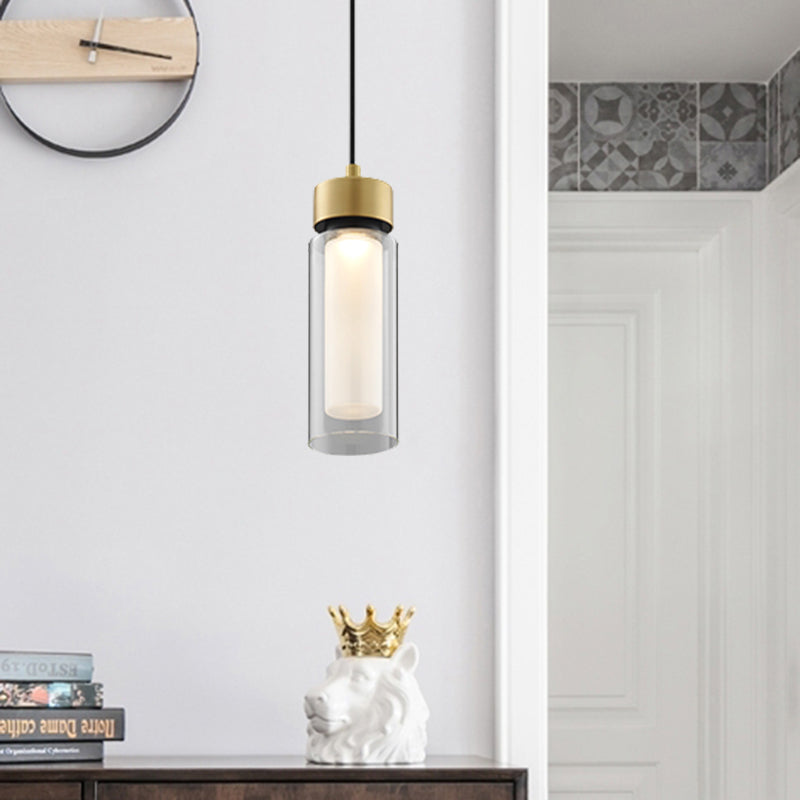 Sleek Simplicity: 1-Light Black & Gold Cylindrical Led Mini Pendant With Clear Glass Shade
