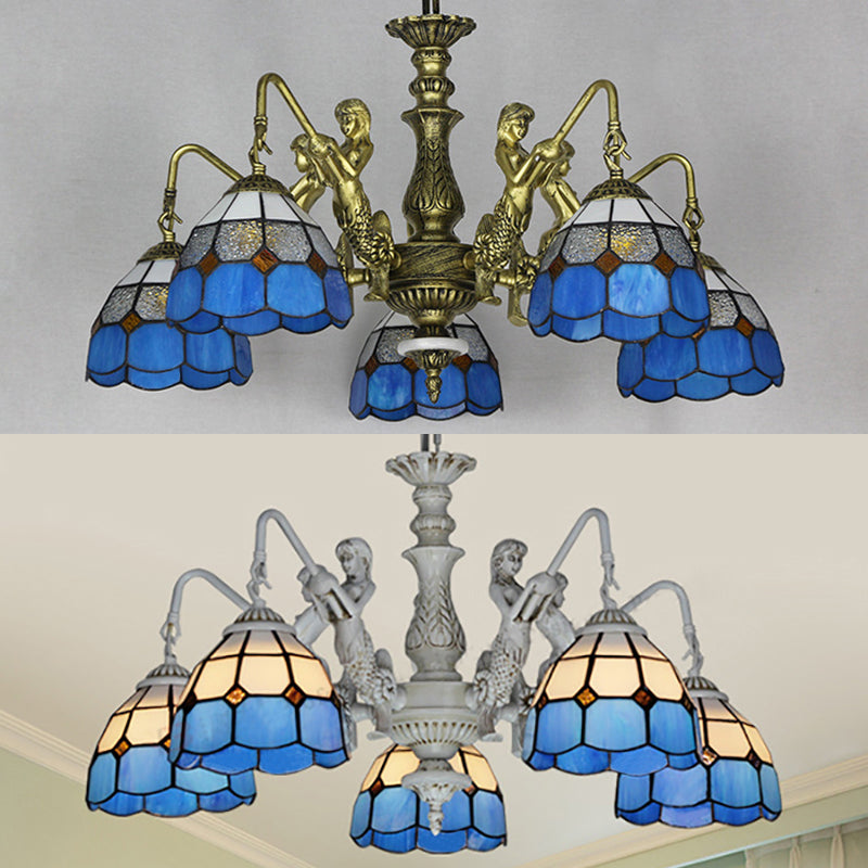 Stunning 5-Light Cut Glass Pendant Lamp: White/Antique Brass Tiffany Chandelier With Mermaid Deco