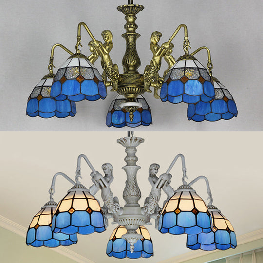 Stunning 5-Light Cut Glass Pendant Lamp: White/Antique Brass Tiffany Chandelier With Mermaid Deco