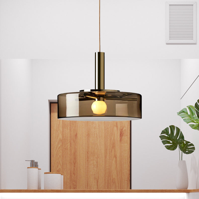 Smoke Gray Glass Drum Pendant Light For Modern Living Rooms