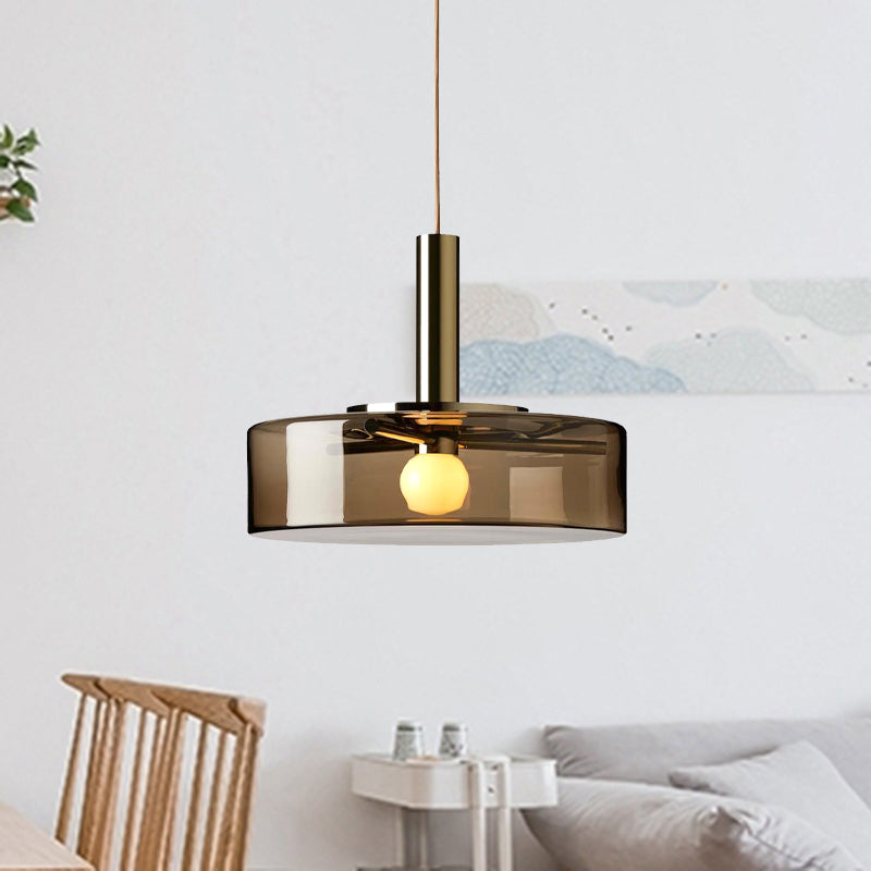 Modern Drum Pendant Lamp in Smoke Gray Glass - 1-Bulb Hanging Light for Living Room Down Lighting