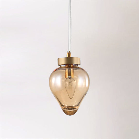 Modernist Gold Urn Pendant Lamp with Amber Glass - Perfect for Dining Room