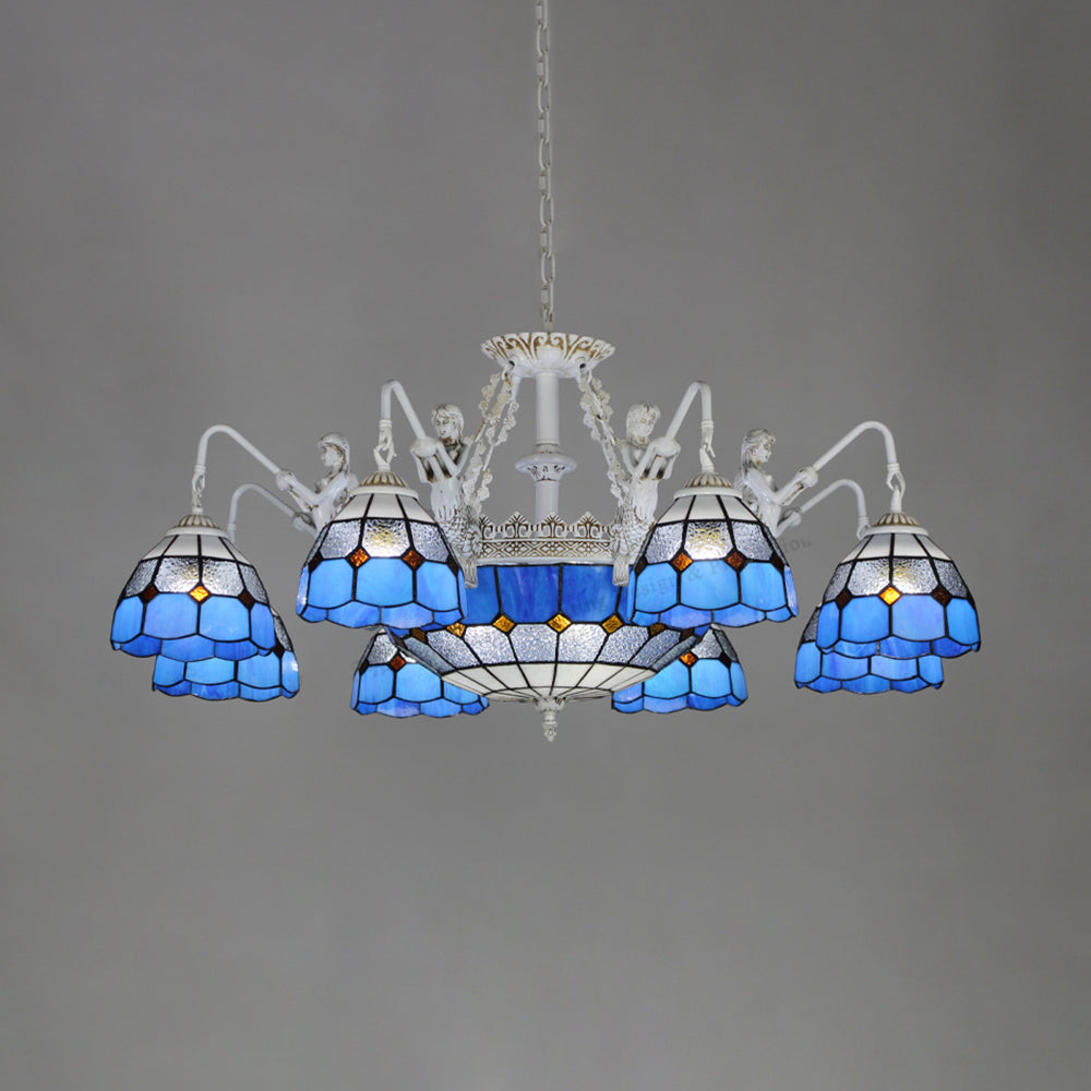 Domed Tiffany Stained Glass Chandelier - White/Antique Brass, 11 Lights