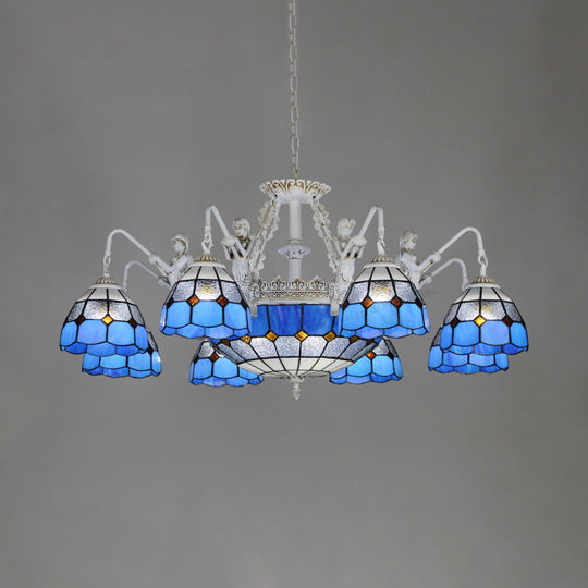 Tiffany Domed Chandelier Lamp - White/Antique Brass 11 Lights Stained Glass Hanging Light