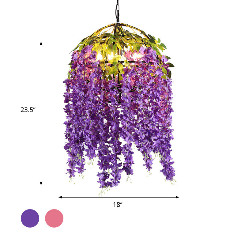 Lustre suspendu industriel en forme de dôme en métal avec 4/5 têtes rose/violet, motif végétal - 18"/21,5" de large