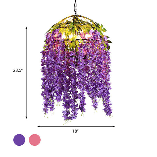 Lustre suspendu industriel en forme de dôme en métal avec 4/5 têtes rose/violet, motif végétal - 18"/21,5" de large