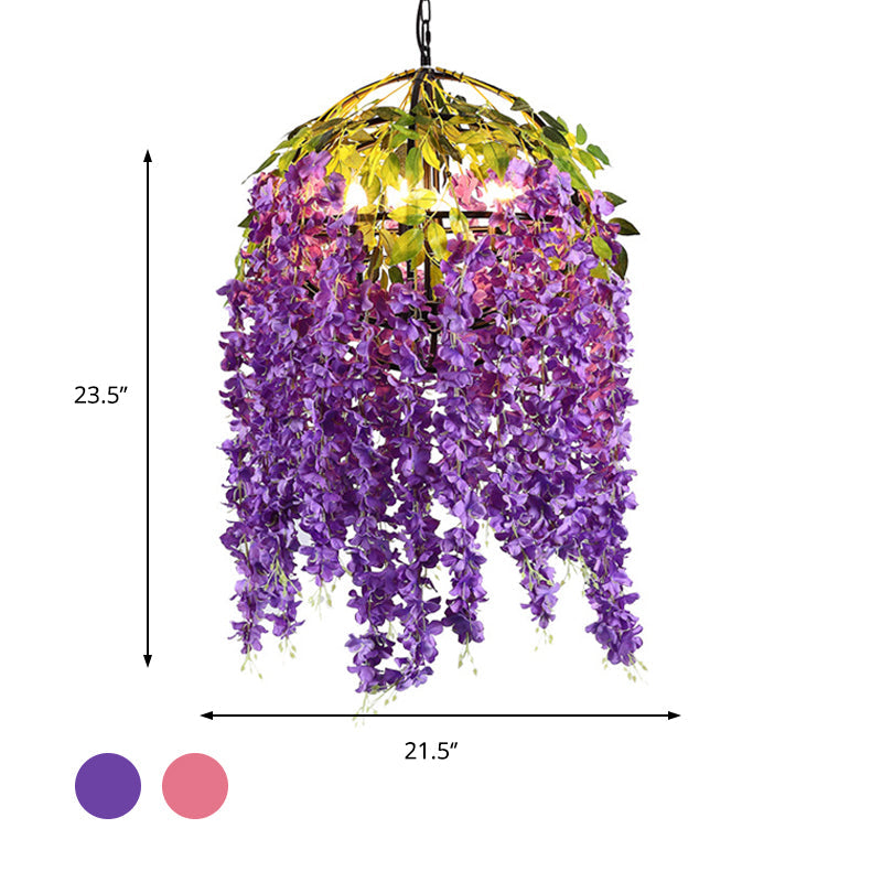 Lustre suspendu industriel en forme de dôme en métal avec 4/5 têtes rose/violet, motif végétal - 18"/21,5" de large