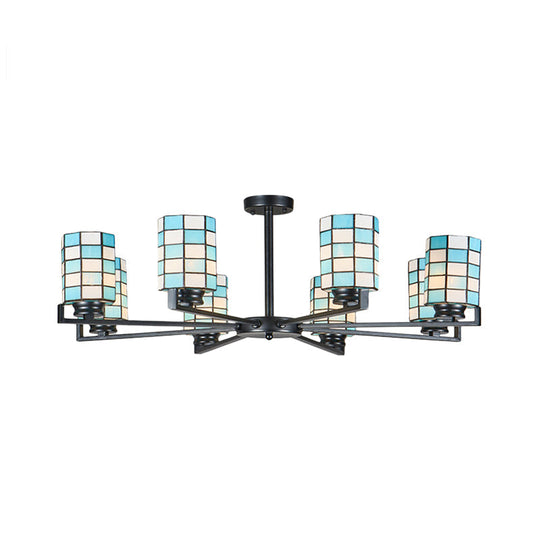 Black/White Stained Glass Semi Mount Cylinder Ceiling Light - 3/6/8 Lights - Baroque Style