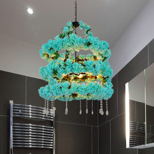 Blue Vintage Metal Flower Chandelier with Crystal Accent and LED Suspension Pendant