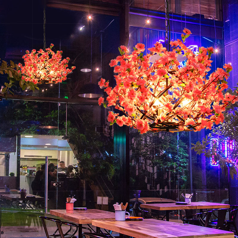 Pink LED Pendant Chandelier Light - Industrial Peach Blossom Design, Ideal for Restaurants - 3 Lights