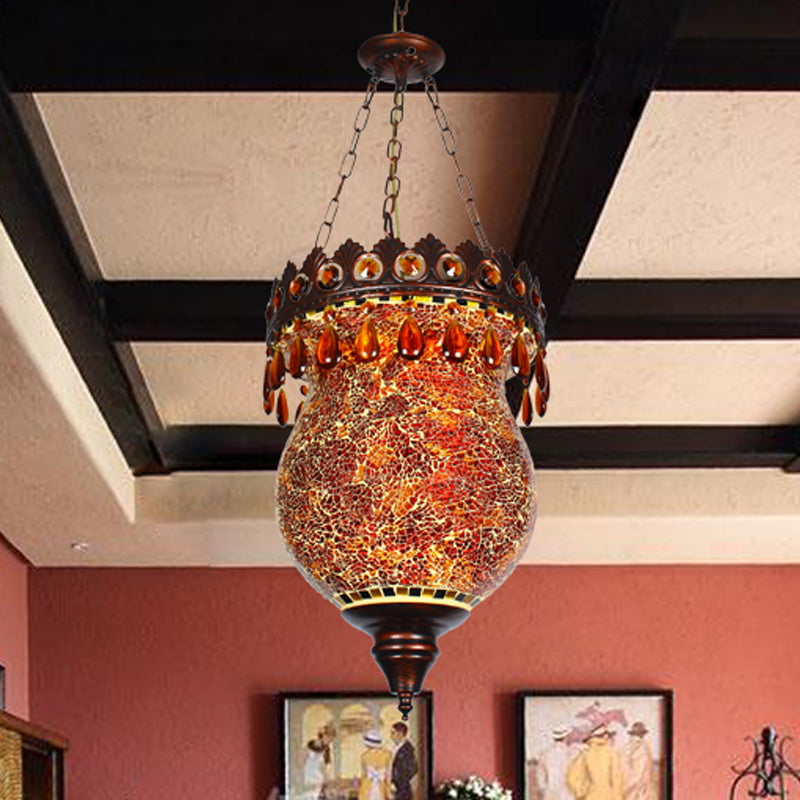 Retro Hand-Cut Glass Copper Urn Pendant With Down Lighting For Living Room Ceiling
