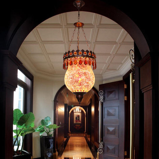 Retro Hand-Cut Glass Copper Urn Pendant With Down Lighting For Living Room Ceiling