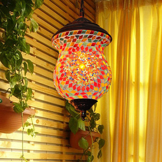 Traditional Copper Stained Art Glass Pendant Lamp For Foyer - Unique Head Urn Design