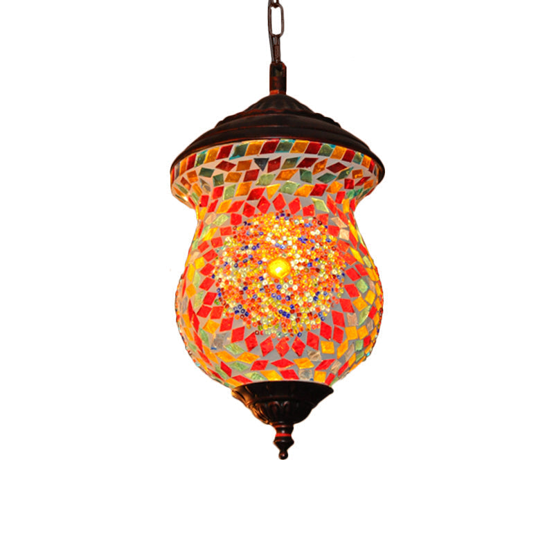 Traditional Copper Stained Art Glass Pendant Lamp For Foyer - Unique Head Urn Design