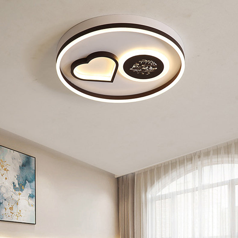 Modern Metal LED Round Flush Light in White/Brown for Living Room Ceiling - Warm/White Indoor Lighting