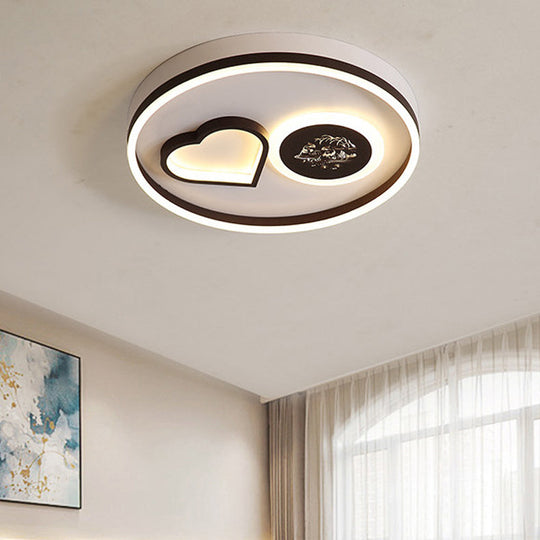 Modern Metal LED Round Flush Light in White/Brown for Living Room Ceiling - Warm/White Indoor Lighting